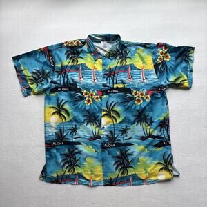 LaLeeLa Men XXL Hawaiian Aloha Shirt AOP Boat Beach Palm Tree Floral Sunset Wave